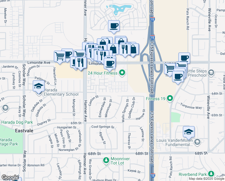 map of restaurants, bars, coffee shops, grocery stores, and more near 6388 Pictor Court in Eastvale