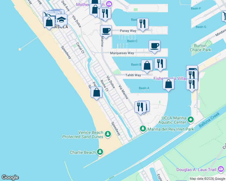 map of restaurants, bars, coffee shops, grocery stores, and more near 131 Privateer Mall in Marina del Rey