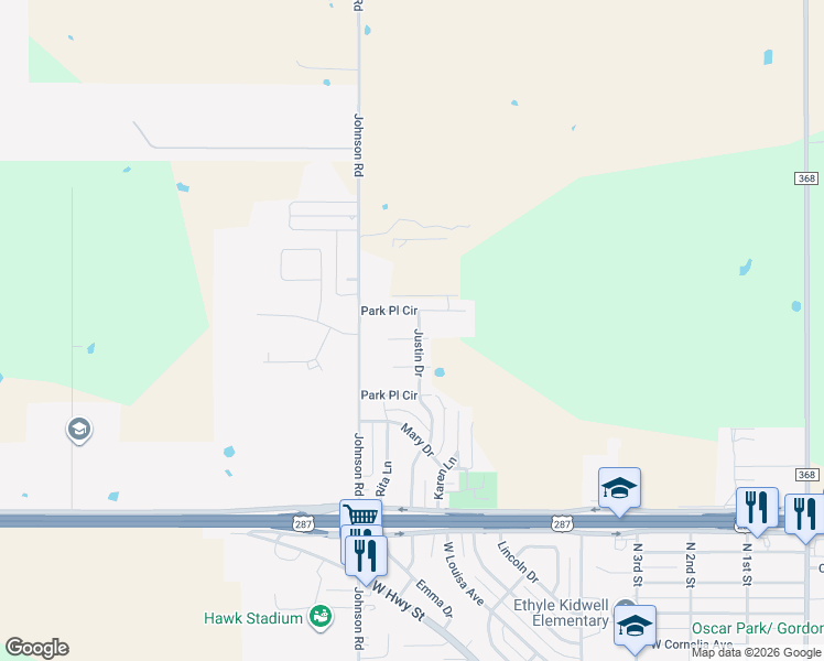 map of restaurants, bars, coffee shops, grocery stores, and more near 2 Brandon Court in Iowa Park