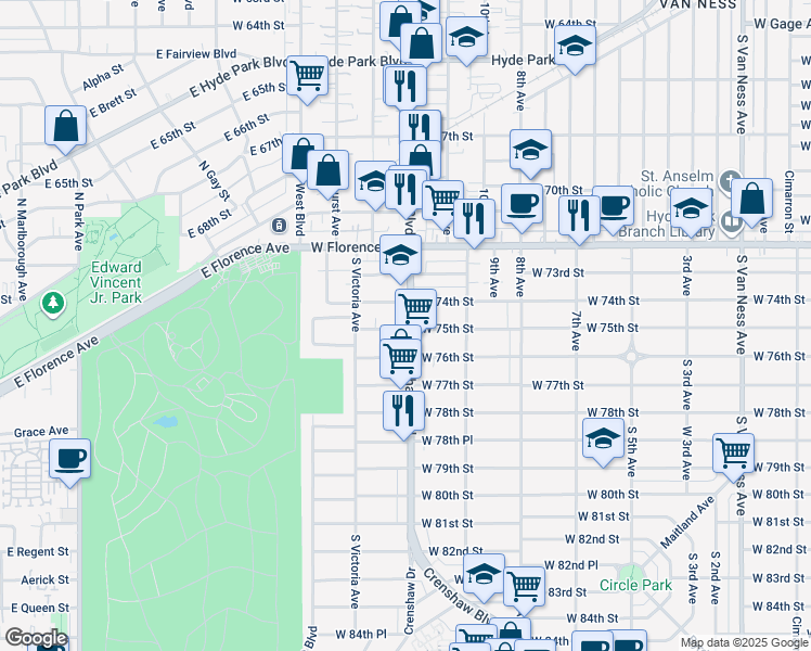 map of restaurants, bars, coffee shops, grocery stores, and more near 7427 Crenshaw Boulevard in Los Angeles