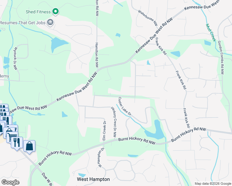 map of restaurants, bars, coffee shops, grocery stores, and more near 3540 Hickory View Drive Northwest in Marietta