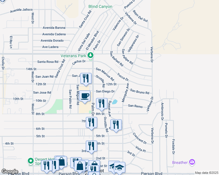 map of restaurants, bars, coffee shops, grocery stores, and more near 66641 12th Street in Desert Hot Springs