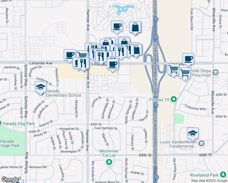 map of restaurants, bars, coffee shops, grocery stores, and more near 6387 Orion Court in Eastvale