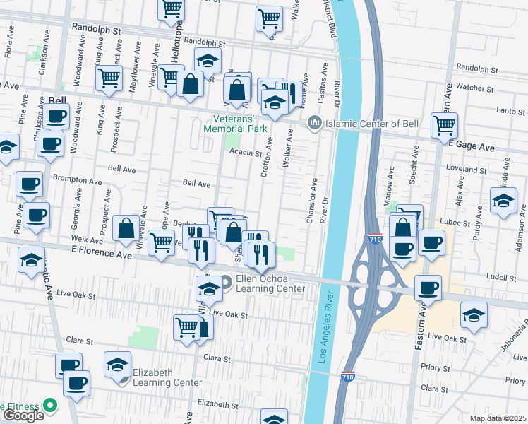 map of restaurants, bars, coffee shops, grocery stores, and more near 6900 Crafton Avenue in Bell