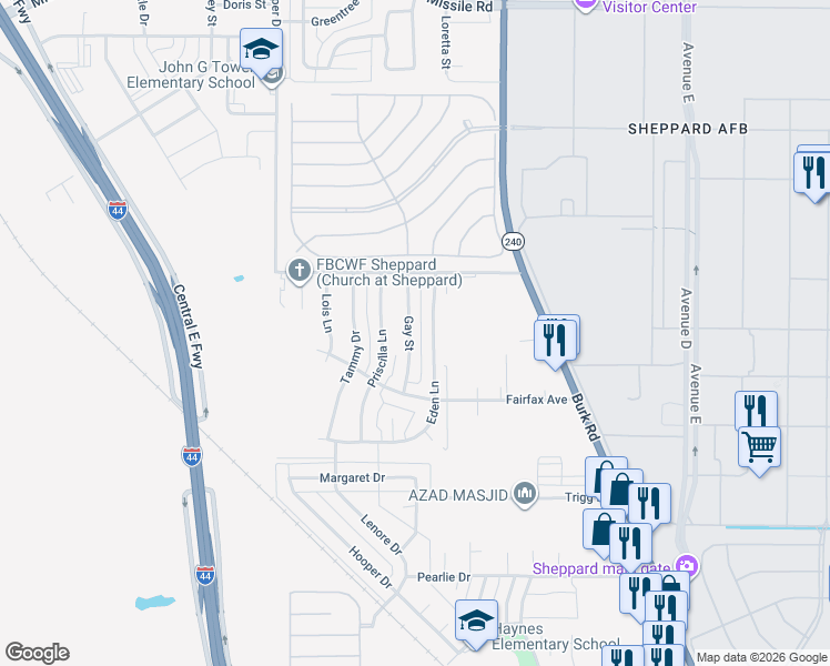 map of restaurants, bars, coffee shops, grocery stores, and more near 4721 Gay Street in Wichita Falls