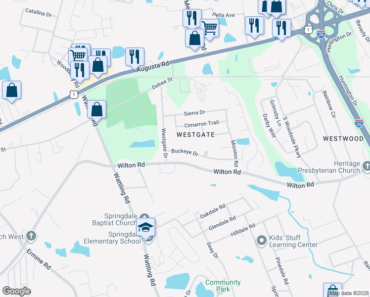 map of restaurants, bars, coffee shops, grocery stores, and more near 3168 Buckeye Drive in West Columbia