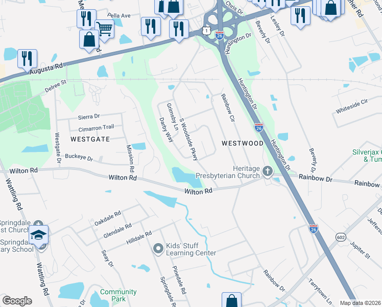 map of restaurants, bars, coffee shops, grocery stores, and more near 245 Darby Way in West Columbia