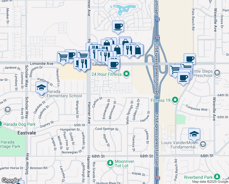 map of restaurants, bars, coffee shops, grocery stores, and more near 6387 Orion Court in Eastvale