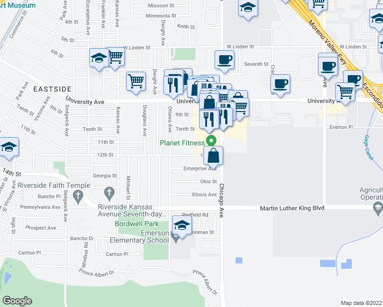 map of restaurants, bars, coffee shops, grocery stores, and more near 1813 12th Street in Riverside