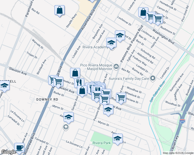 map of restaurants, bars, coffee shops, grocery stores, and more near 7556 Lindsey Avenue in Pico Rivera