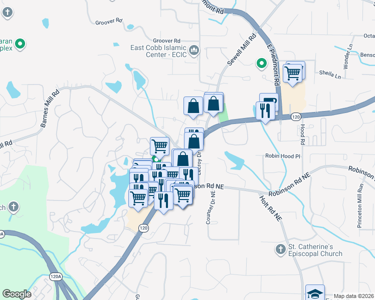 map of restaurants, bars, coffee shops, grocery stores, and more near 2243 Roswell Road in Marietta