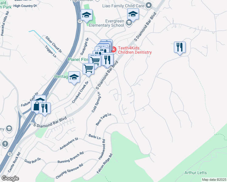 map of restaurants, bars, coffee shops, grocery stores, and more near 2910 Malaga Circle in Diamond Bar