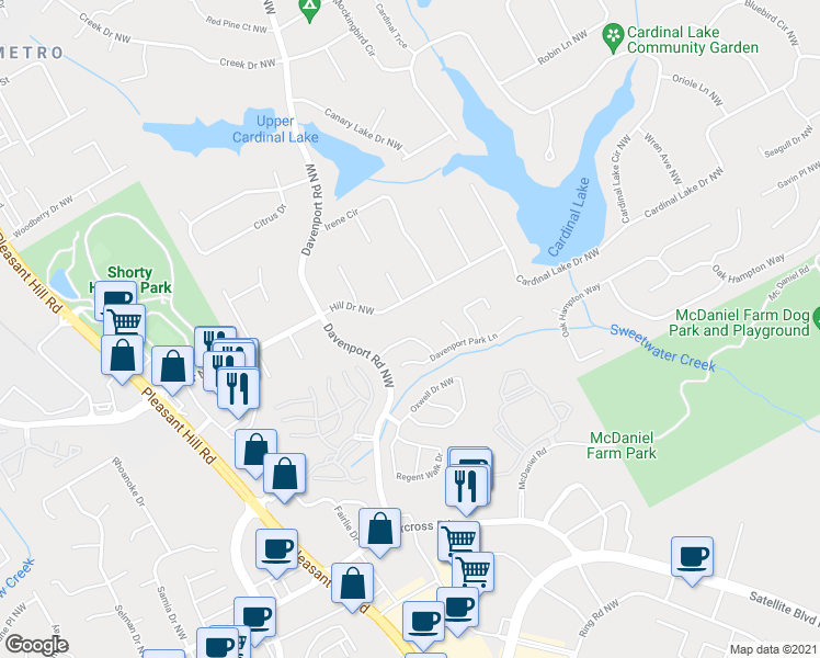 map of restaurants, bars, coffee shops, grocery stores, and more near 2575 Davenport Park Drive in Duluth