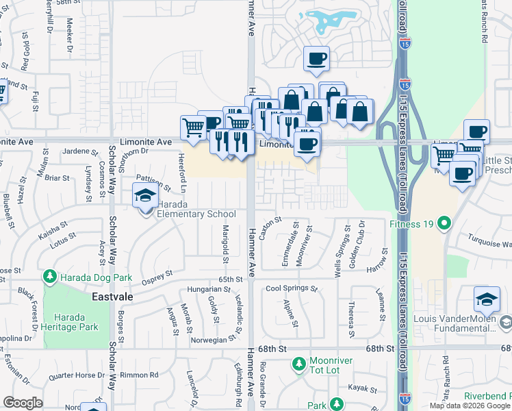 map of restaurants, bars, coffee shops, grocery stores, and more near 12581 Cipriano Lane in Eastvale