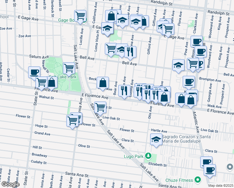 map of restaurants, bars, coffee shops, grocery stores, and more near 7114 Bear Avenue in Bell