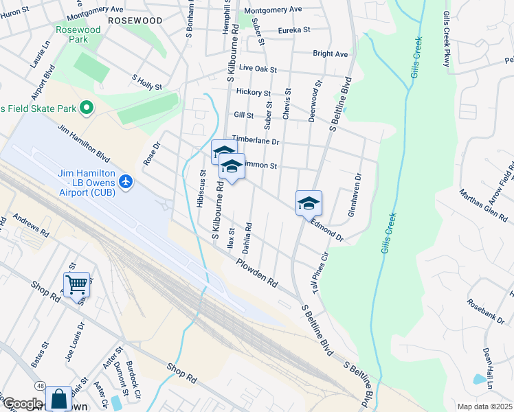 map of restaurants, bars, coffee shops, grocery stores, and more near 1430 Dahlia Road in Columbia
