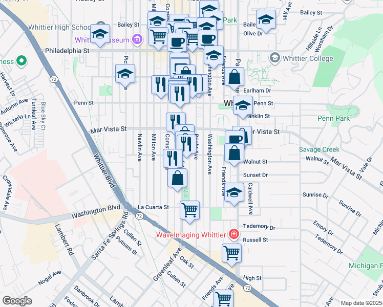 map of restaurants, bars, coffee shops, grocery stores, and more near 13005 Walnut St in Whittier