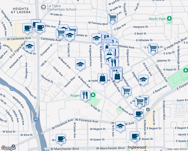 map of restaurants, bars, coffee shops, grocery stores, and more near 718 North Inglewood Avenue in Inglewood