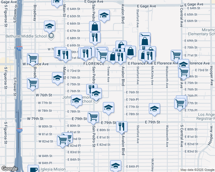 map of restaurants, bars, coffee shops, grocery stores, and more near 358 East 75th Street in Los Angeles