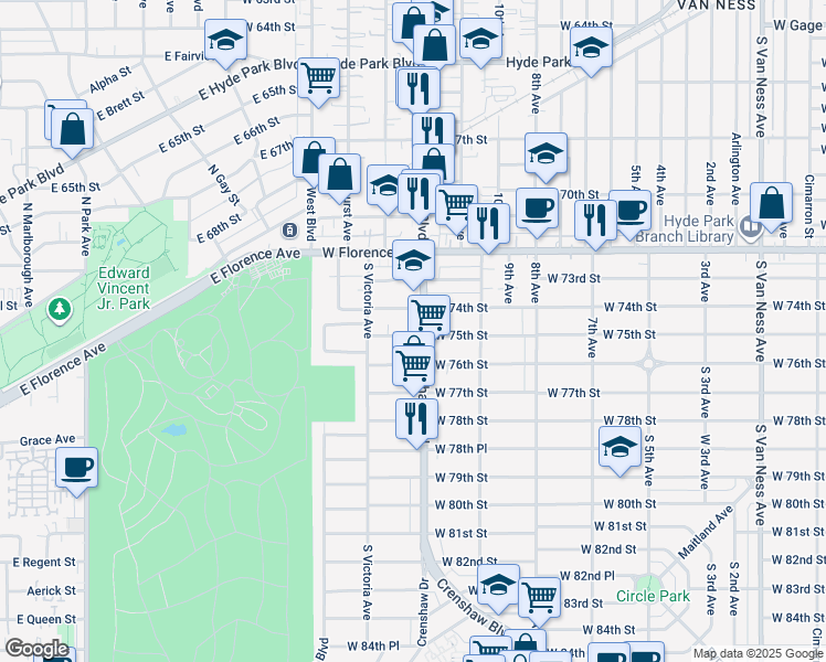 map of restaurants, bars, coffee shops, grocery stores, and more near 3405 West 75th Street in Los Angeles