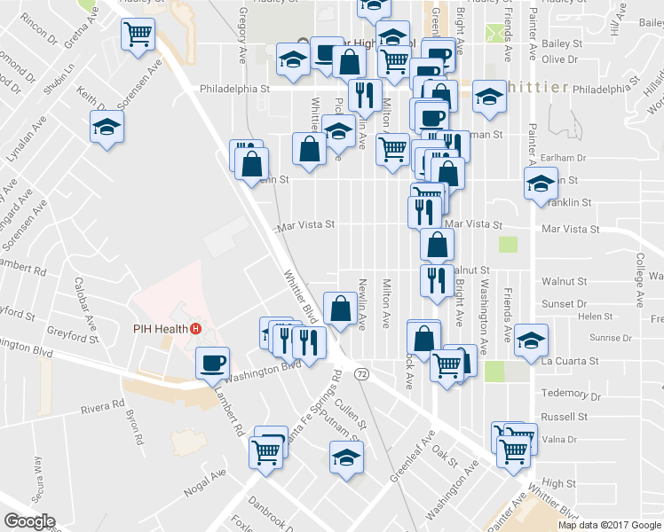 map of restaurants, bars, coffee shops, grocery stores, and more near 7657 Pickering Avenue in Whittier