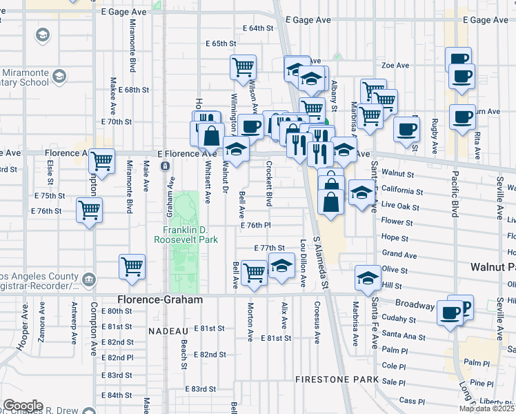 map of restaurants, bars, coffee shops, grocery stores, and more near 1943 East 76th Street in Los Angeles