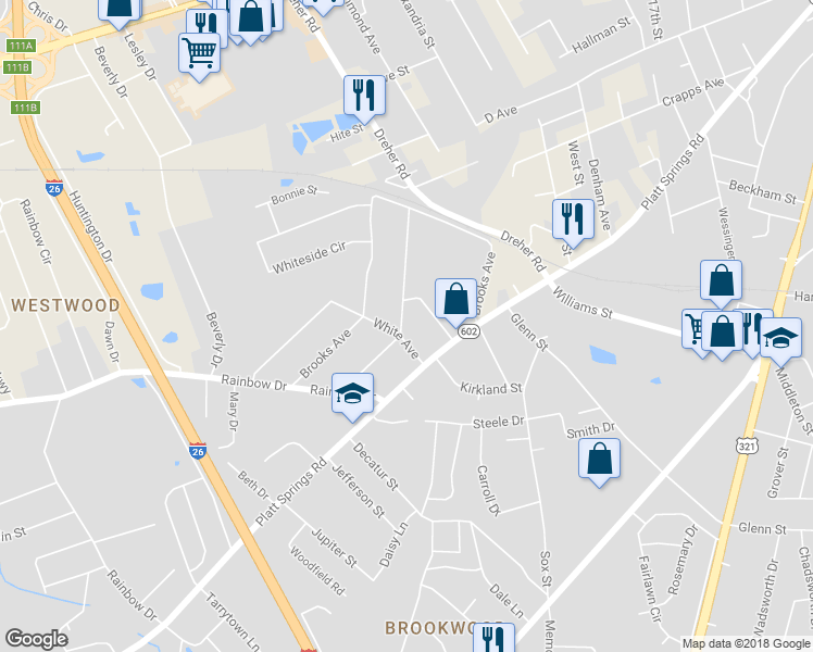 map of restaurants, bars, coffee shops, grocery stores, and more near 659 Westside Drive in West Columbia