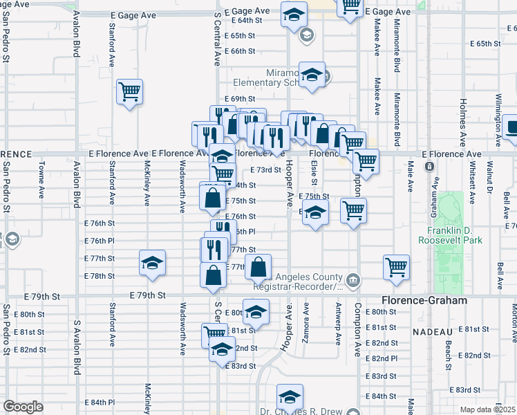 map of restaurants, bars, coffee shops, grocery stores, and more near 1210 East 75th Street in Los Angeles
