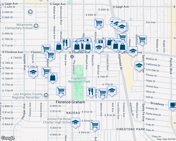 map of restaurants, bars, coffee shops, grocery stores, and more near 7518 Whitsett Avenue in Los Angeles