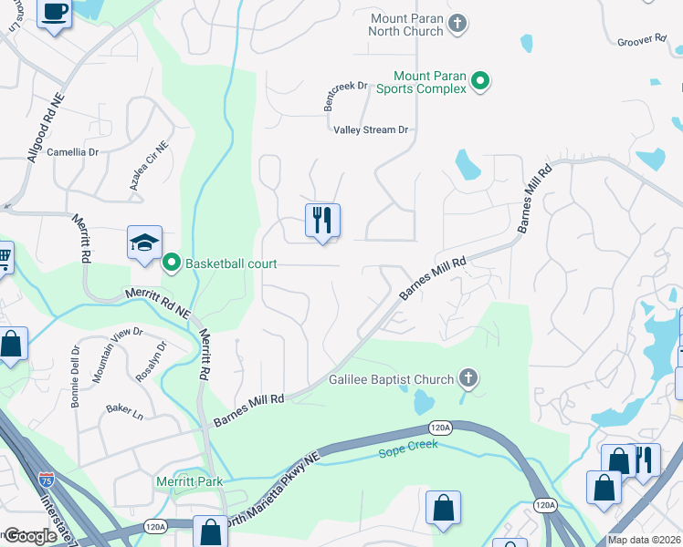 map of restaurants, bars, coffee shops, grocery stores, and more near 1546 Soaring Pointe in Marietta
