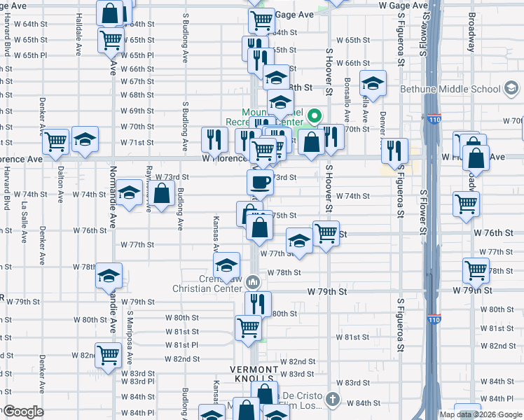 map of restaurants, bars, coffee shops, grocery stores, and more near 7422 Vermont Avenue in Los Angeles