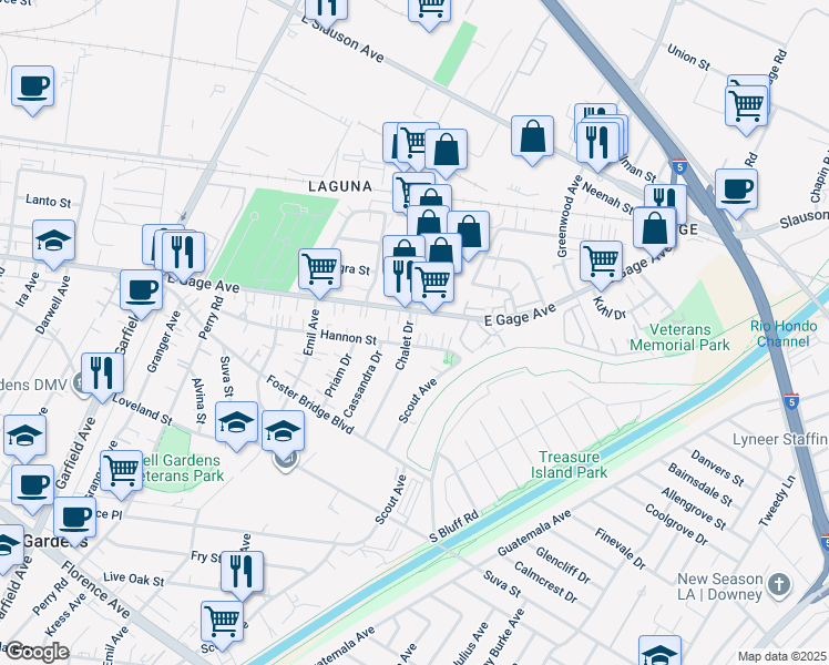 map of restaurants, bars, coffee shops, grocery stores, and more near 6420 Chalet Drive in Bell Gardens