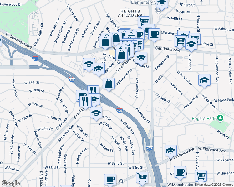 map of restaurants, bars, coffee shops, grocery stores, and more near 5419 1/2 Thornburn Street in Los Angeles