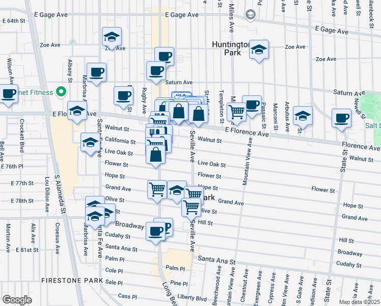 map of restaurants, bars, coffee shops, grocery stores, and more near 7401 Seville Avenue in Huntington Park