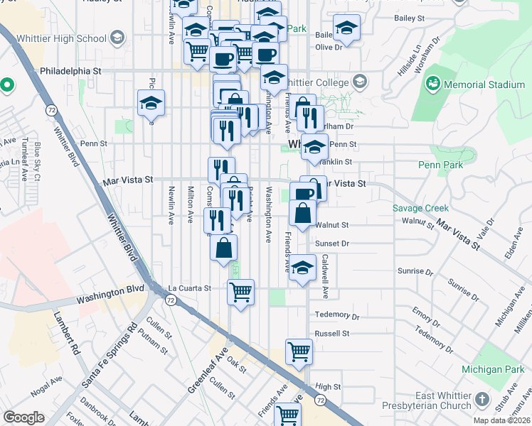 map of restaurants, bars, coffee shops, grocery stores, and more near 7657 Washington Avenue in Whittier