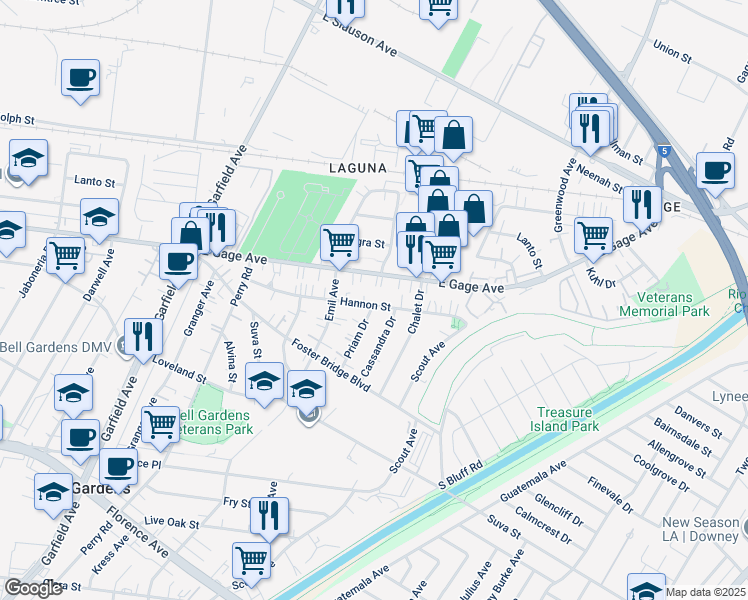 map of restaurants, bars, coffee shops, grocery stores, and more near 6749 Hannon Street in Bell Gardens