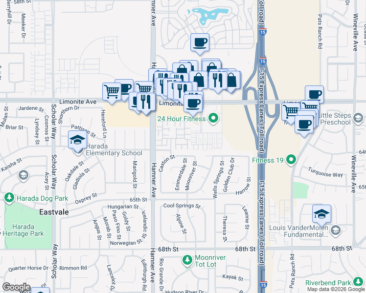 map of restaurants, bars, coffee shops, grocery stores, and more near 6386 Delgado Lane in Eastvale