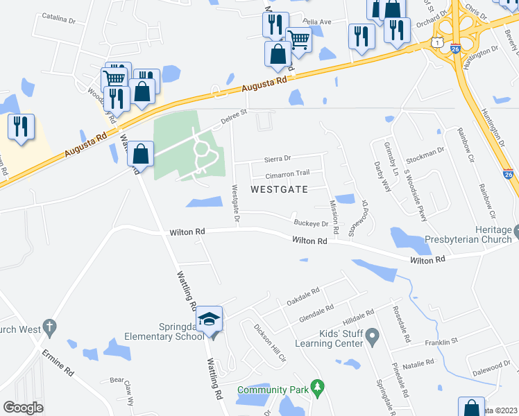 map of restaurants, bars, coffee shops, grocery stores, and more near 3172 Buckeye Drive in West Columbia