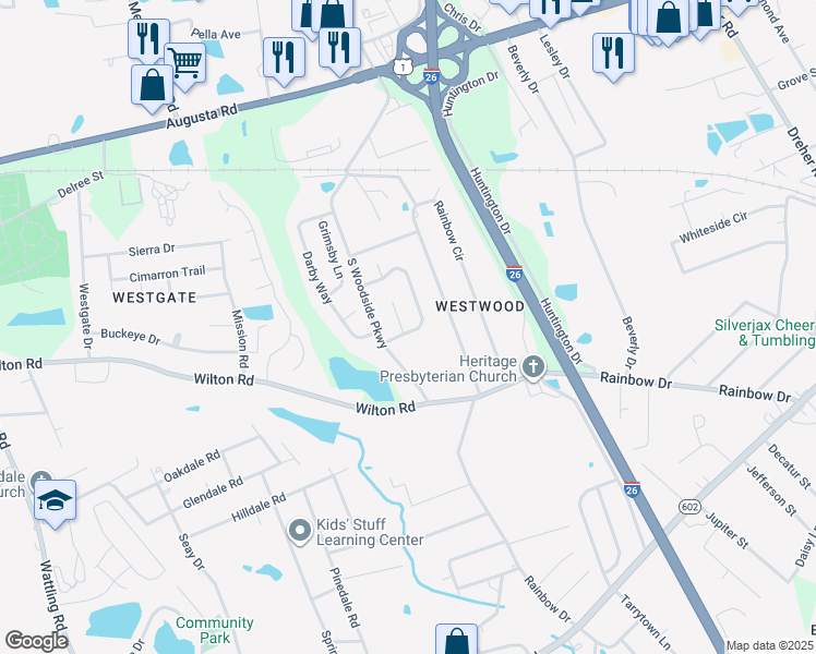 map of restaurants, bars, coffee shops, grocery stores, and more near 300 Whispering Glen Court in West Columbia
