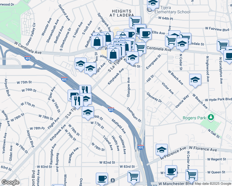 map of restaurants, bars, coffee shops, grocery stores, and more near 7144 Ramsgate Avenue in Los Angeles
