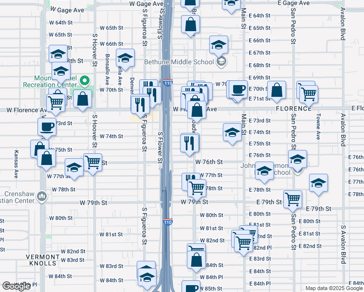 map of restaurants, bars, coffee shops, grocery stores, and more near 331 West 75th Street in Los Angeles