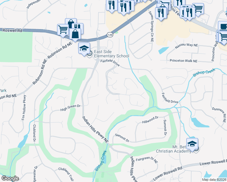 map of restaurants, bars, coffee shops, grocery stores, and more near 4132 Fawn Court Northeast in Marietta