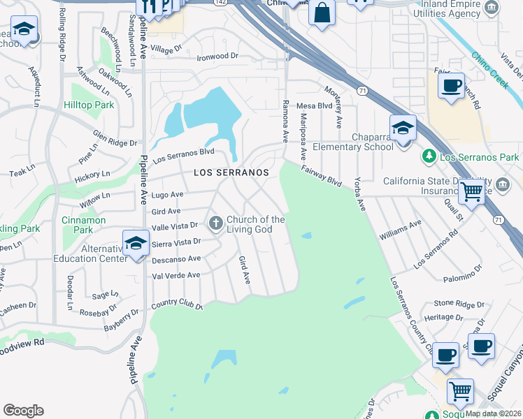map of restaurants, bars, coffee shops, grocery stores, and more near 4426 Los Serranos Boulevard in Chino Hills