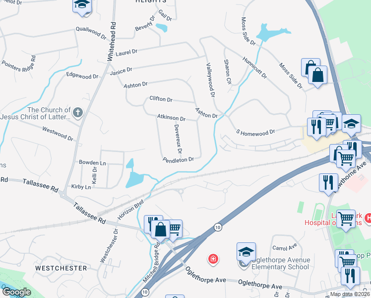 map of restaurants, bars, coffee shops, grocery stores, and more near 175 Devereux Drive in Athens
