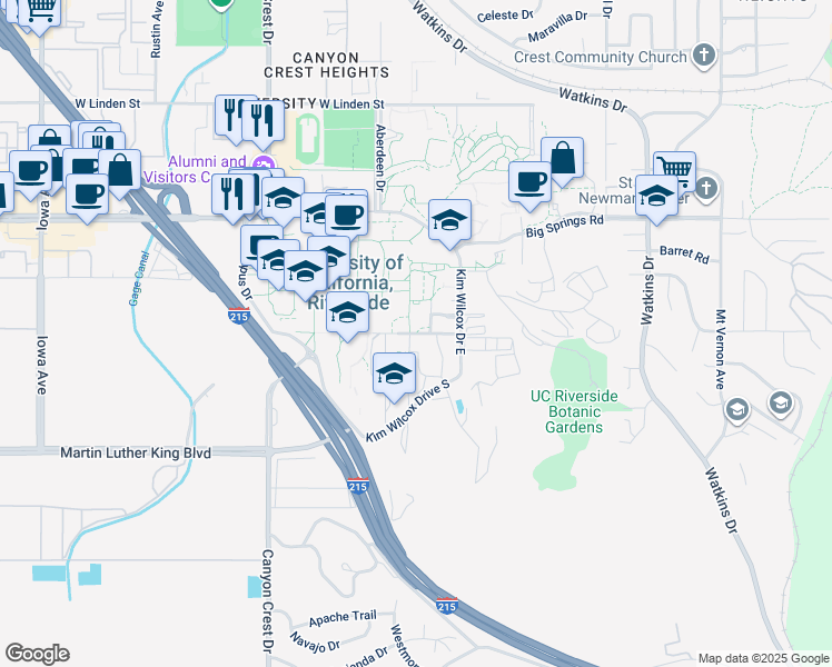 map of restaurants, bars, coffee shops, grocery stores, and more near Eucalyptus Drive in Riverside