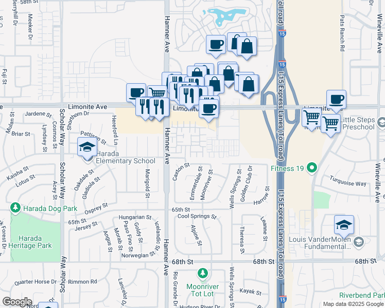 map of restaurants, bars, coffee shops, grocery stores, and more near 6384 Altura Lane in Eastvale