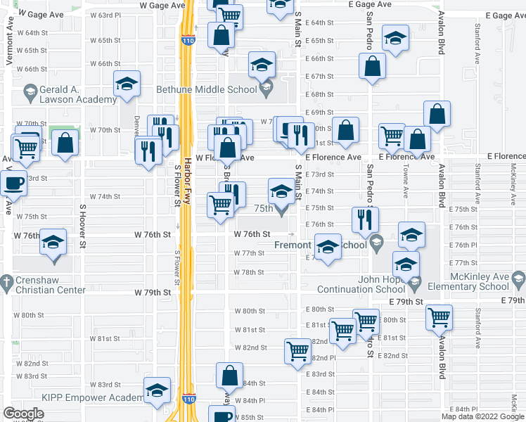 map of restaurants, bars, coffee shops, grocery stores, and more near 163 West 75th Street in Los Angeles