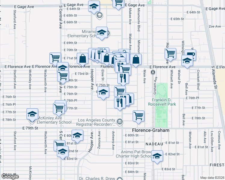 map of restaurants, bars, coffee shops, grocery stores, and more near 1413 East 76th Street in Los Angeles