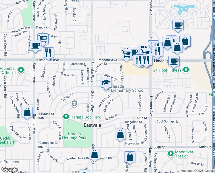 map of restaurants, bars, coffee shops, grocery stores, and more near 12934 Merry Meadows Drive in Corona