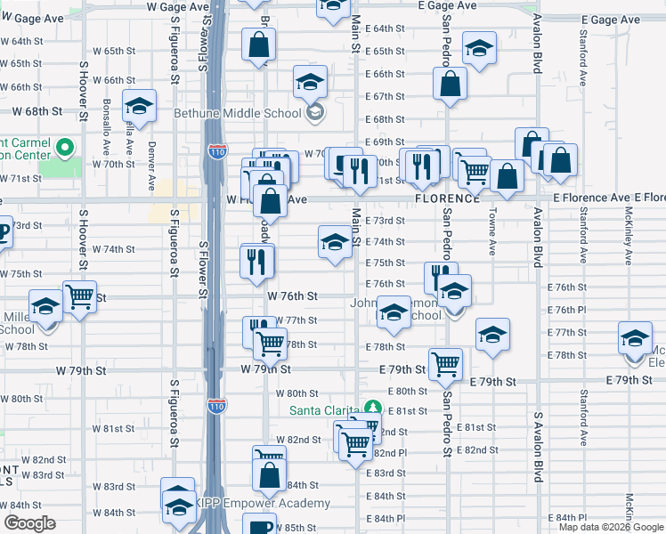 map of restaurants, bars, coffee shops, grocery stores, and more near 127 West 75th Street in Los Angeles